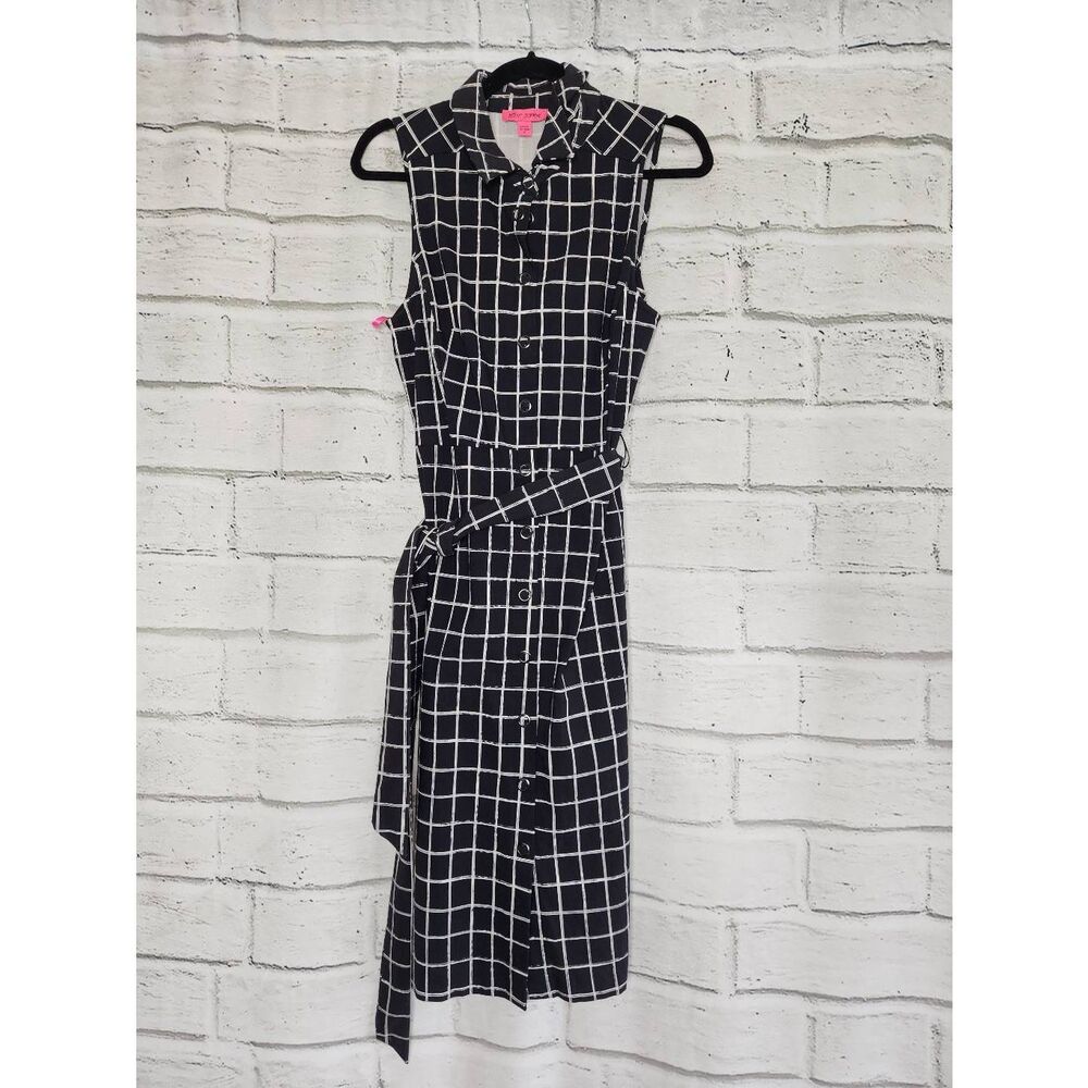 Betsey Johnson Sleeveless Collared Midi Dress Black White Dress Womens 8 Stretch